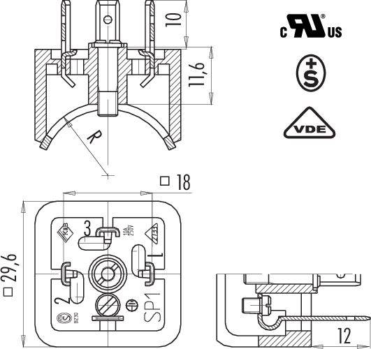 Technický výkres podstavce s rozměry: průměr 18 mm, výška 11,6 mm. Certifikace: 'cRUus', 'VDE'.