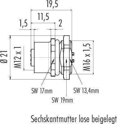 Technický výkres šroubu se šestihrannou maticí. Rozměry: Ø21, M12 x 1, M16 x 1,5. Klíč 17 mm, klíč 13,4 mm, klíč 19 mm.