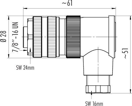 Technický výkres úhlové armatury s rozměry: délka cca 61 mm, výška cca 51 mm, průměr 28 mm, závit 7/8"-16 UN.