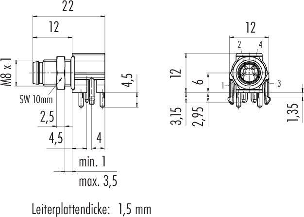 Výkres M8 konektoru s rozměry: délka 22 mm, šířka 12 mm, závit M8x1, deska tloušťky 1,5 mm, boční a čelní pohled detailu.
