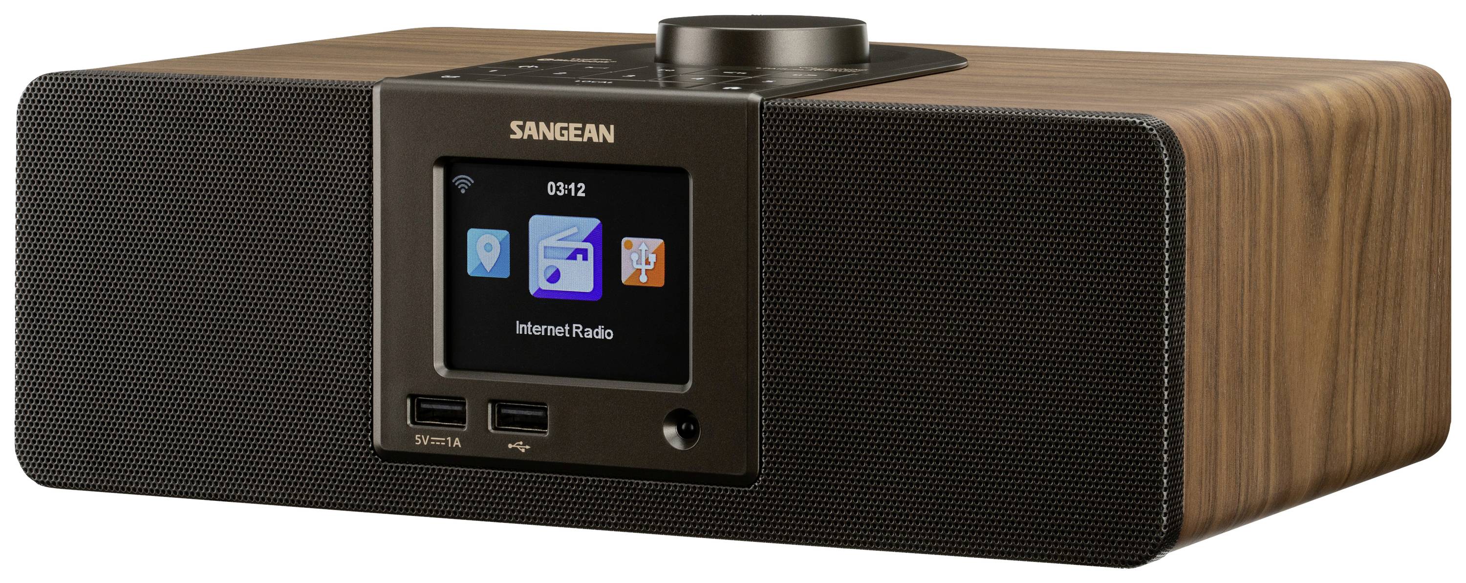 Internetové rádio s dřevěným rámečkem a displejem, zobrazující symboly pro hudbu, polohu a nastavení.