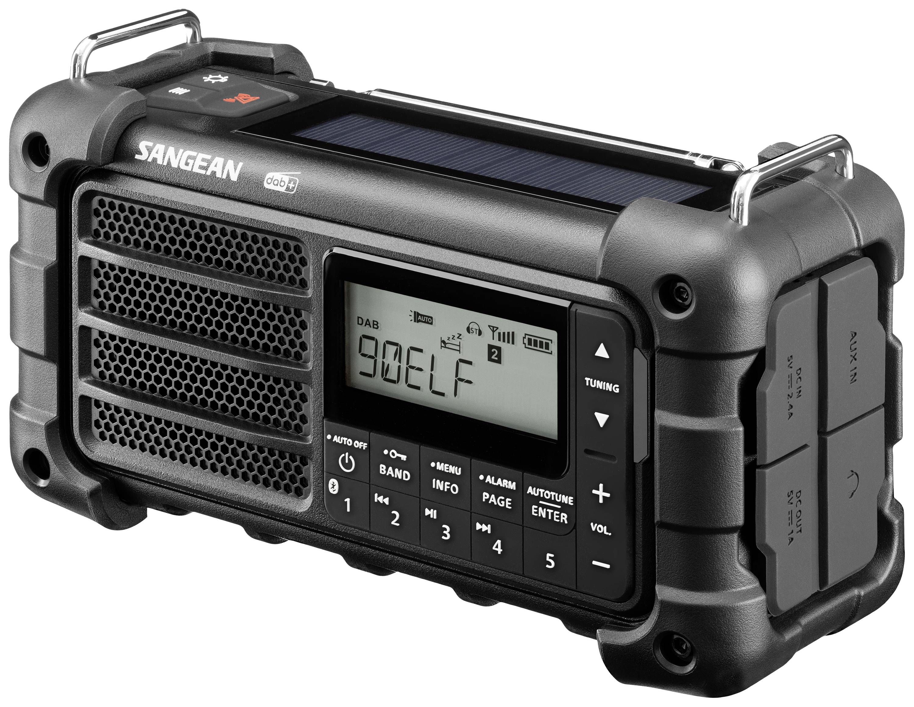 Přenosné, odolné rádio s solárním modulem a digitálním displejem, naladěné na '90 ELF'. Značka je viditelná.