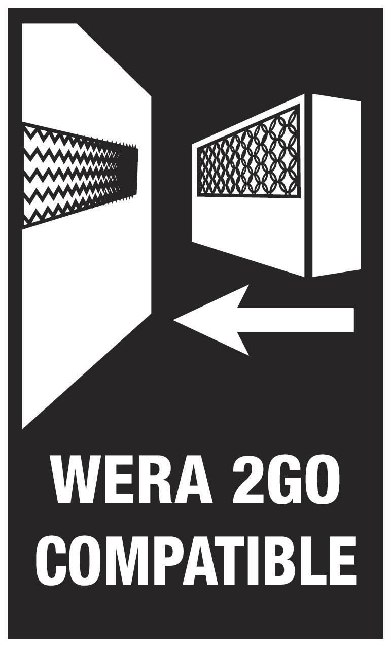 "KOMPATIBILNÍ S WERA 2GO" v obrázku. Šipka ukazuje doleva mezi dvěma geometrickými tvary vyplněnými vzory.