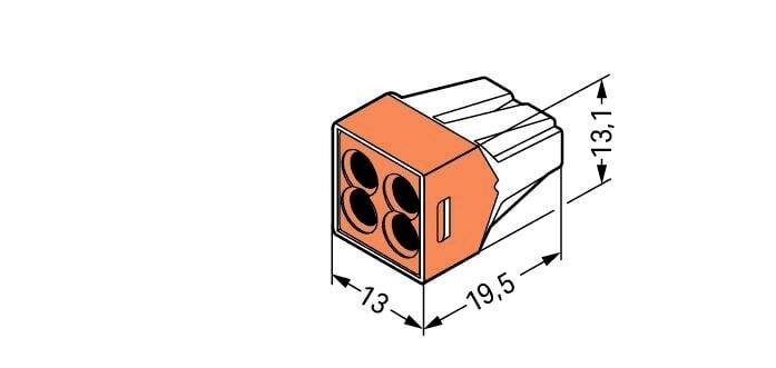 Ilustrace oranžovo-šedého pravoúhlého konektoru se čtyřmi kulatými otvory, rozměry 13 mm x 19,5 mm x 13,1 mm.