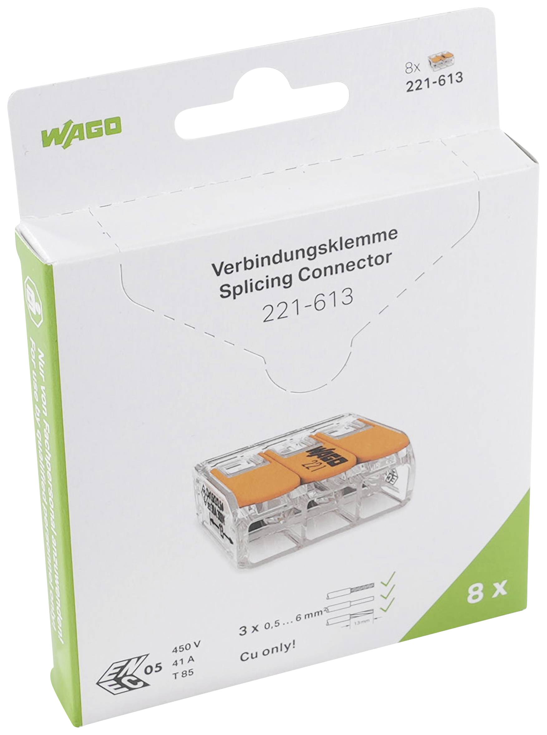 Balení WAGO svorky 221-613 pro měděné kabely, 8 kusů. Vhodné pro 3 x 6 mm², 450V, 41A, 105°C.