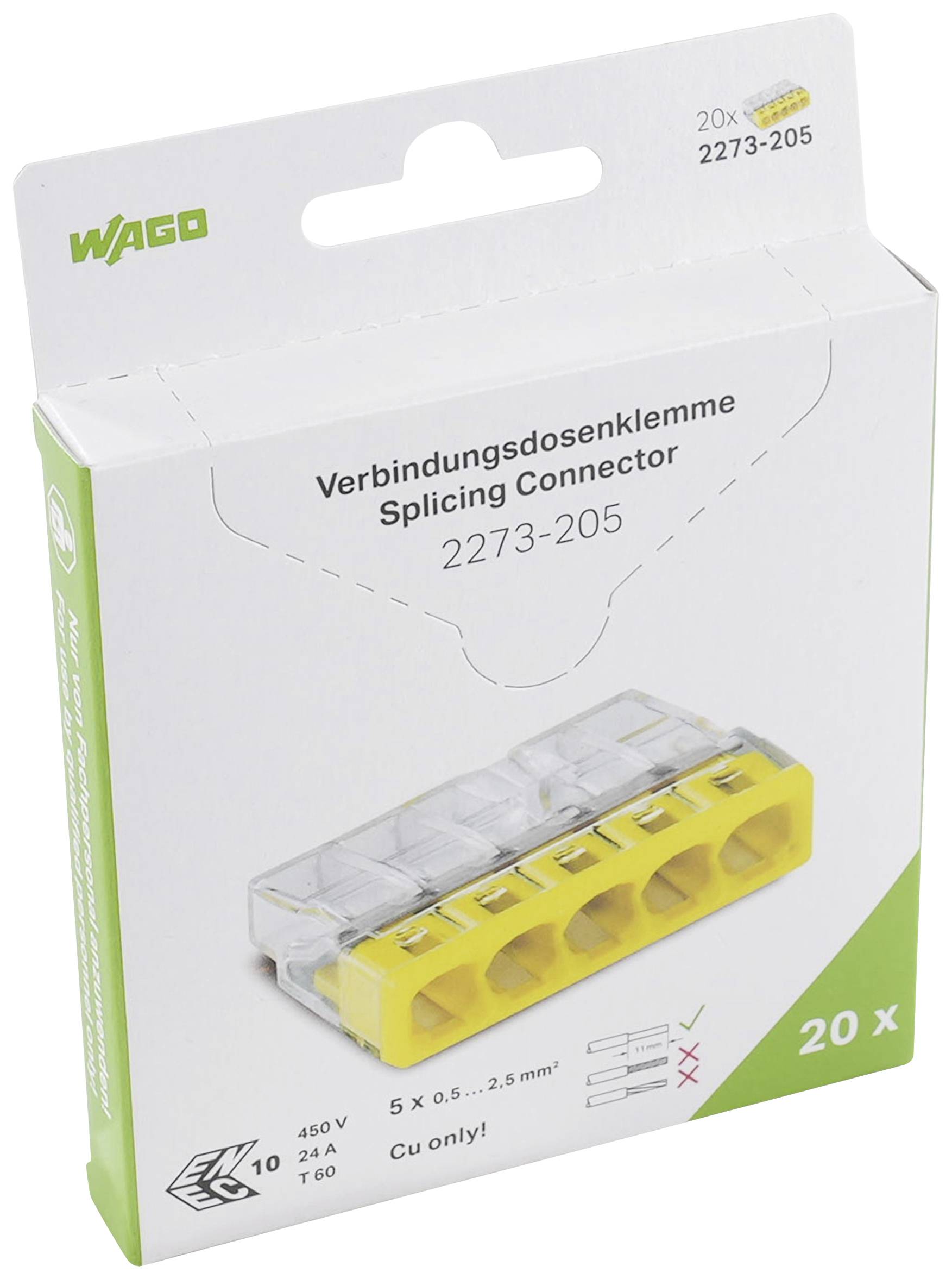 Obal zobrazuje svorkovnici WAGO, model 2273-205, balení 20 kusů. Vhodné pro 450V, 24A, 5násobné připojení.