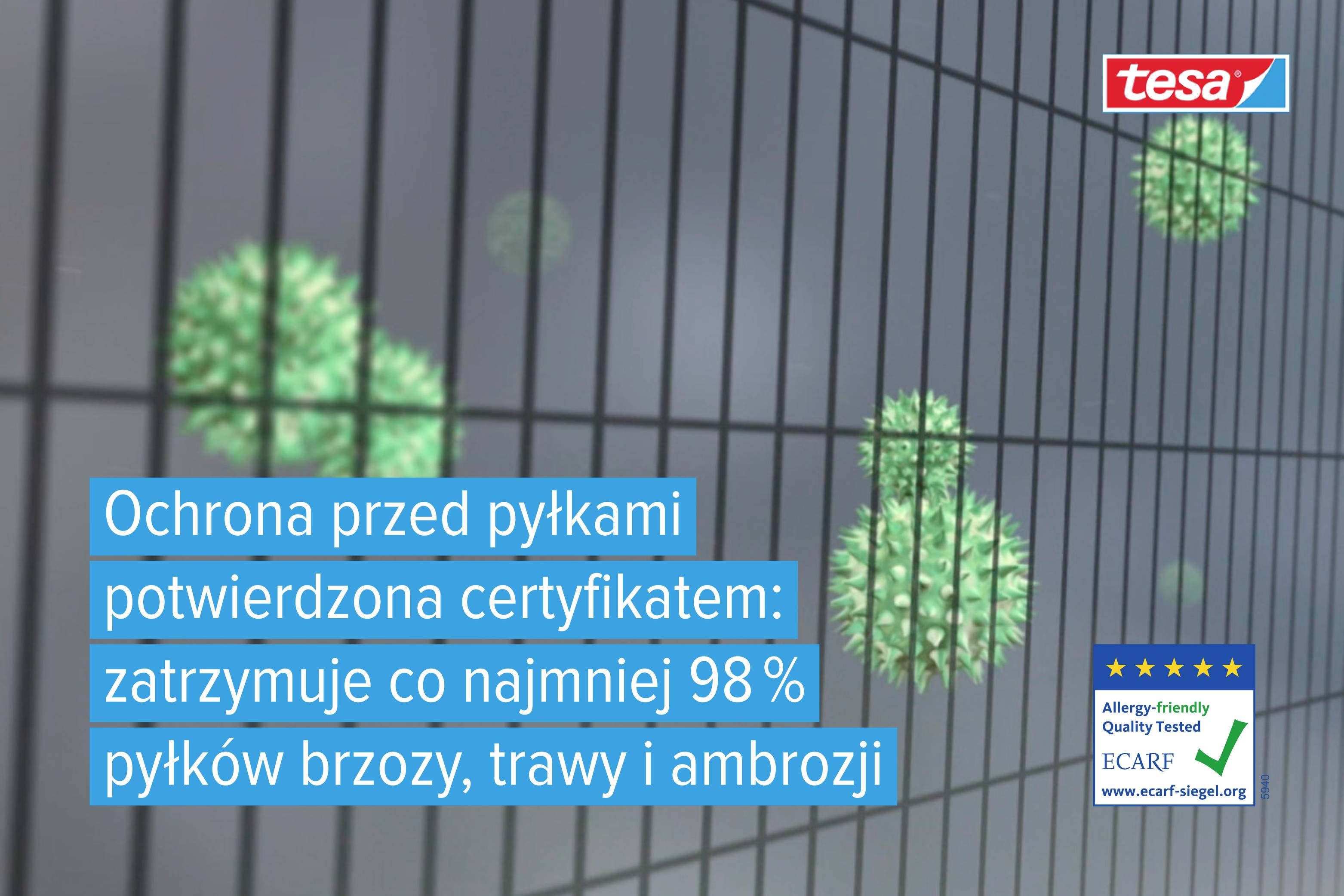 Síťová struktura se zelenými pylovými zrny; na ní text: 'Certifikovaná ochrana proti pylům, zastaví minimálně 98 % břízovcového, travního a ambróziového pylu'.