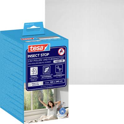 Modrá krabice Tesa Insect Stop pro 2v1 filtr na pyly a clonou proti hmyzu, zobrazující vlastnosti produktu a maximální velikost 120 x 240 cm.