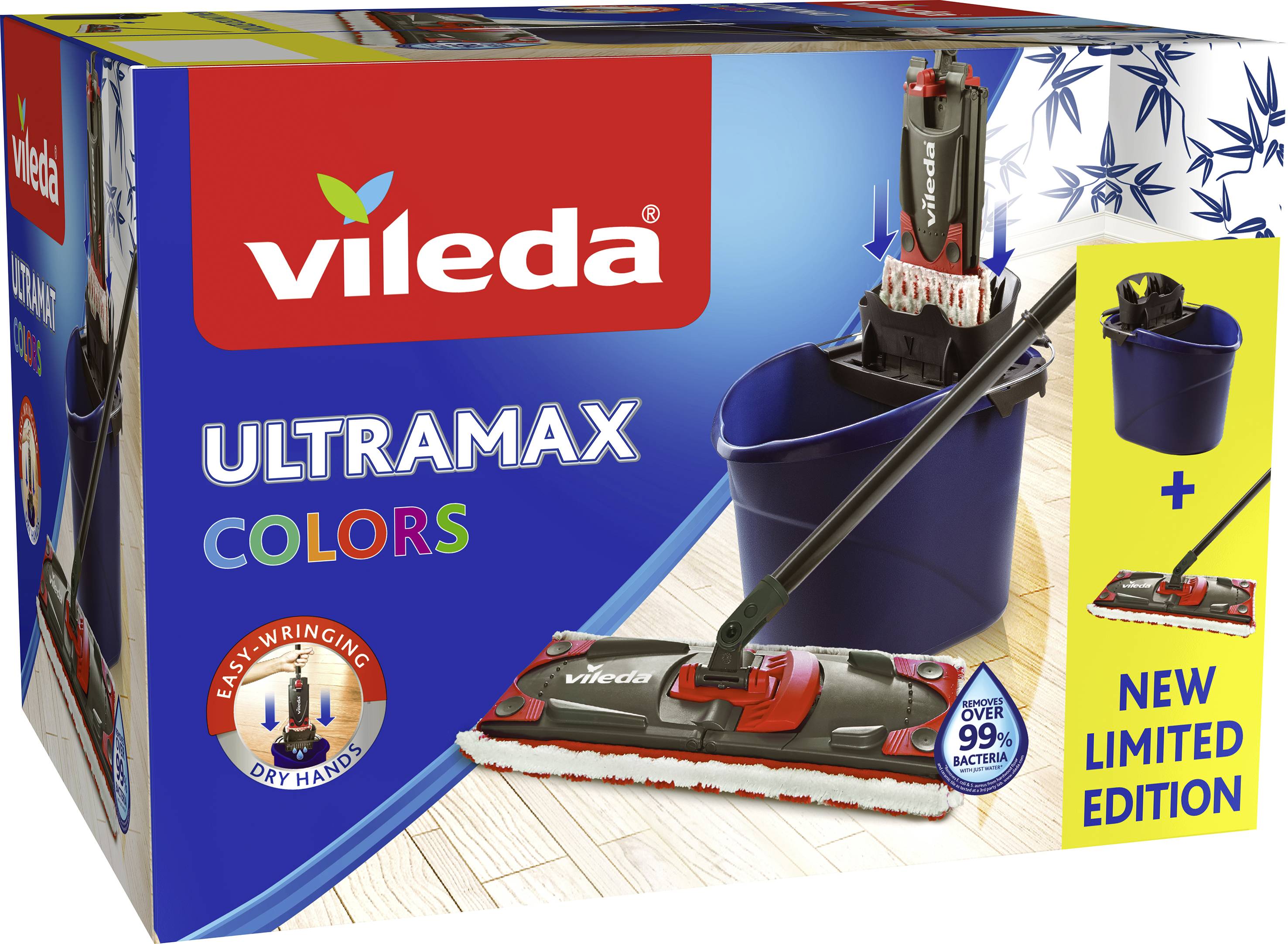 Sada na úklid 'Vileda Ultramax Colors' s kbelíkem a mopem na barevném obalu, zobrazující 'Snadné ždímání', 'Suché ruce' a 'Nová limitovaná edice'.