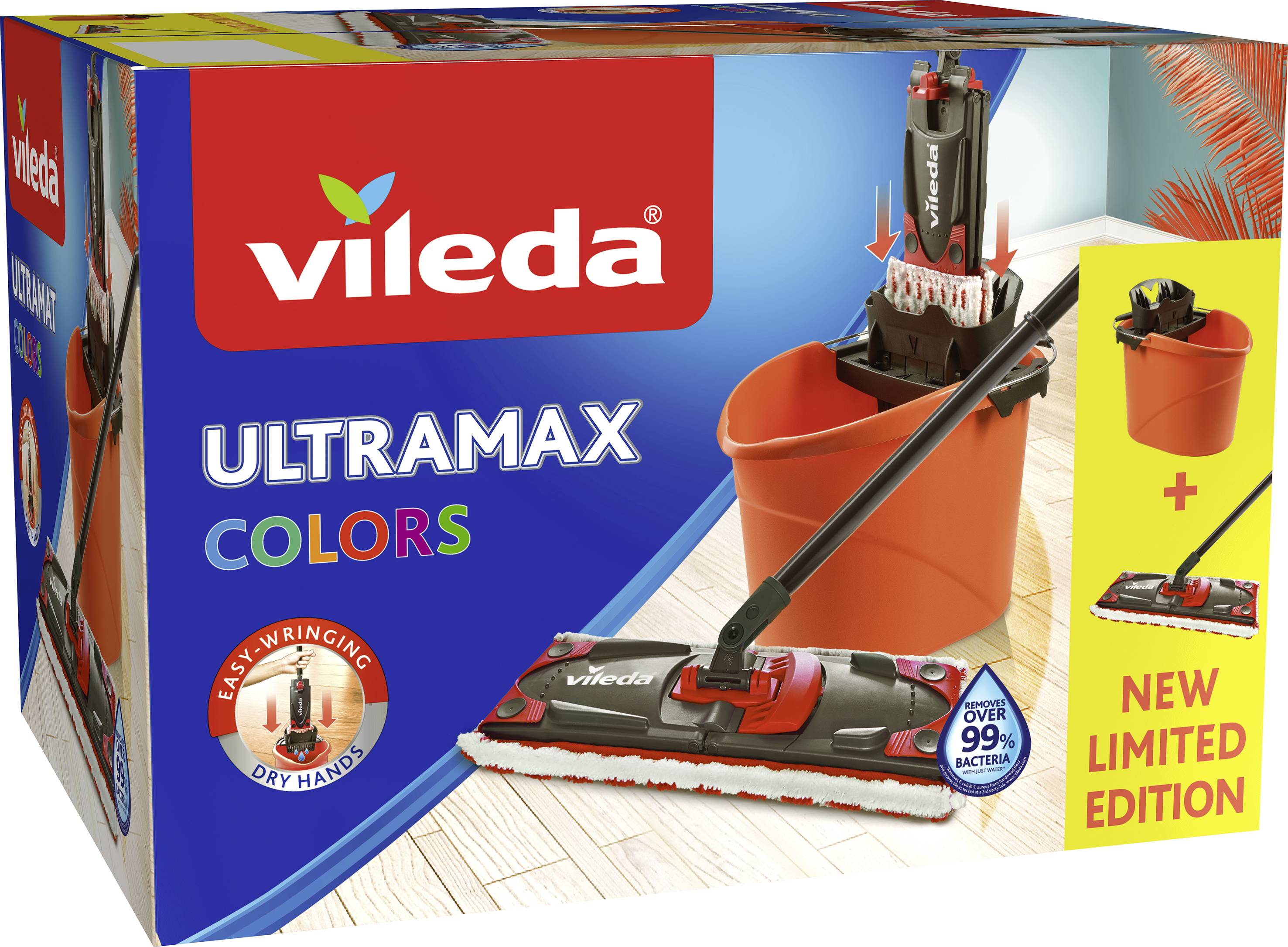 Úklidový systém 'Vileda Ultramax Colors'. Obsahuje kbelík s ždímačem a mop. Slibuje odstranění více než 99 % bakterií.