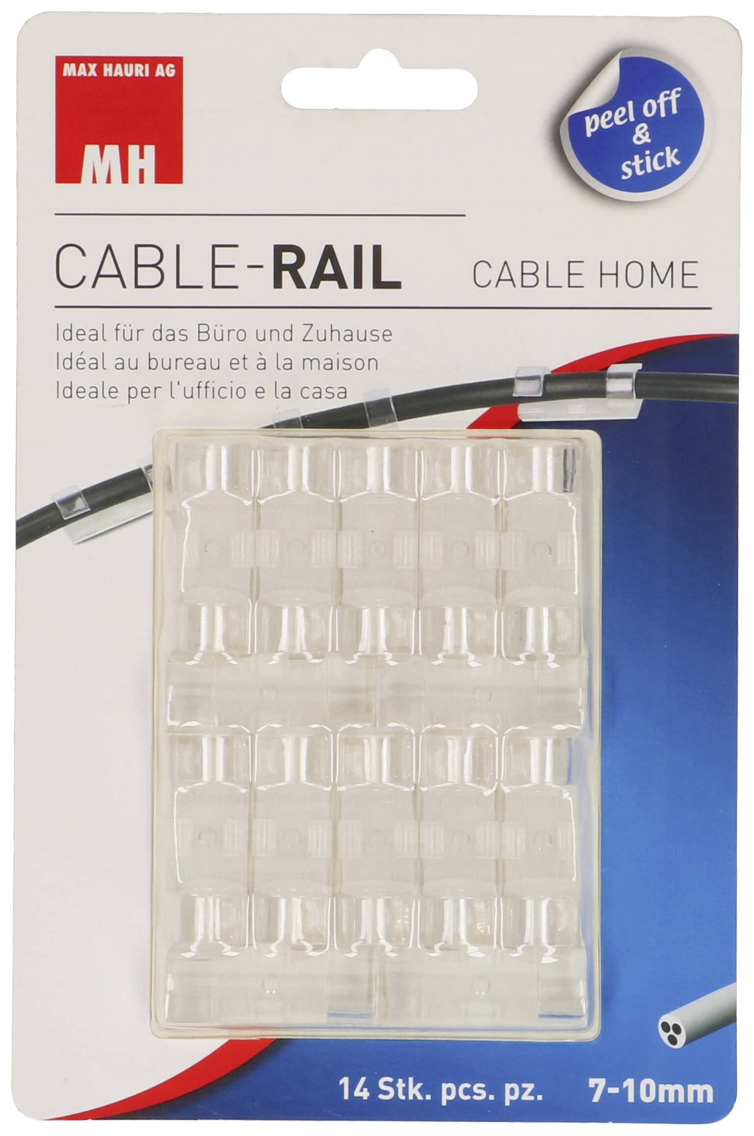 Balení firmy MAX HAURI AG CABLE-RAIL obsahuje 14 transparentních kabelových svorek. Použitelné v kanceláři i doma pro kabely o průměru 7-10 mm.