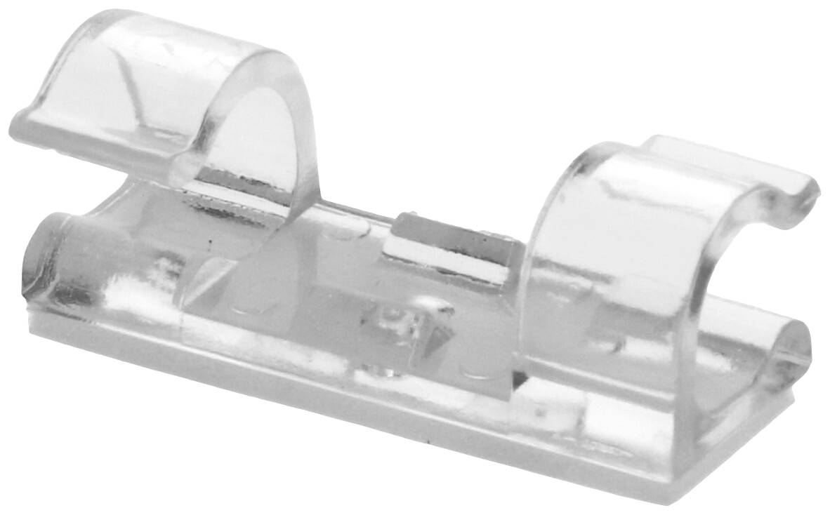 Průhledná plastová svorka pro upevnění LED pásků na povrchy, s zahnutým designem pro protiskluzové uchycení.
