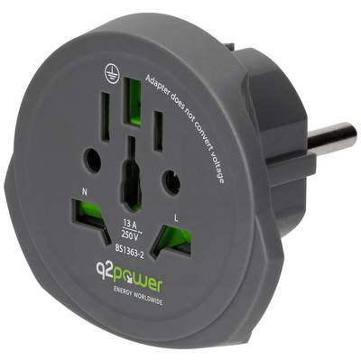 Černý cestovní adaptér s dutinami pro světové typy zástrček, vhodný pro zařízení do 13A, 250V. Upozornění: Nepřeměňuje napětí.