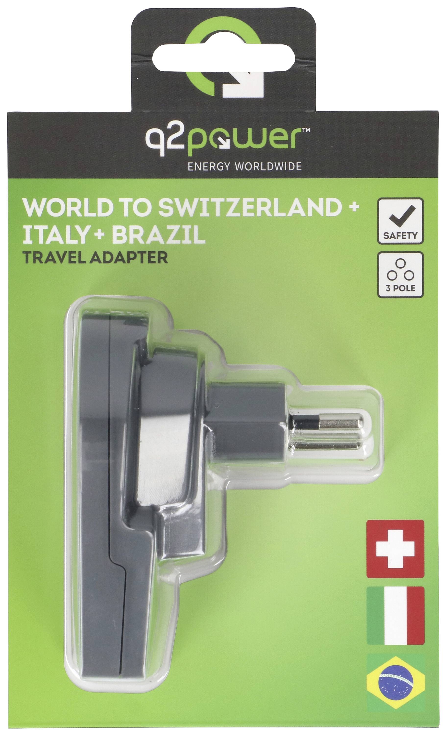 Cestovní adaptér q2power pro použití ve Švýcarsku, Itálii a Brazílii. Zobrazuje model adaptéru a symboly zemí.