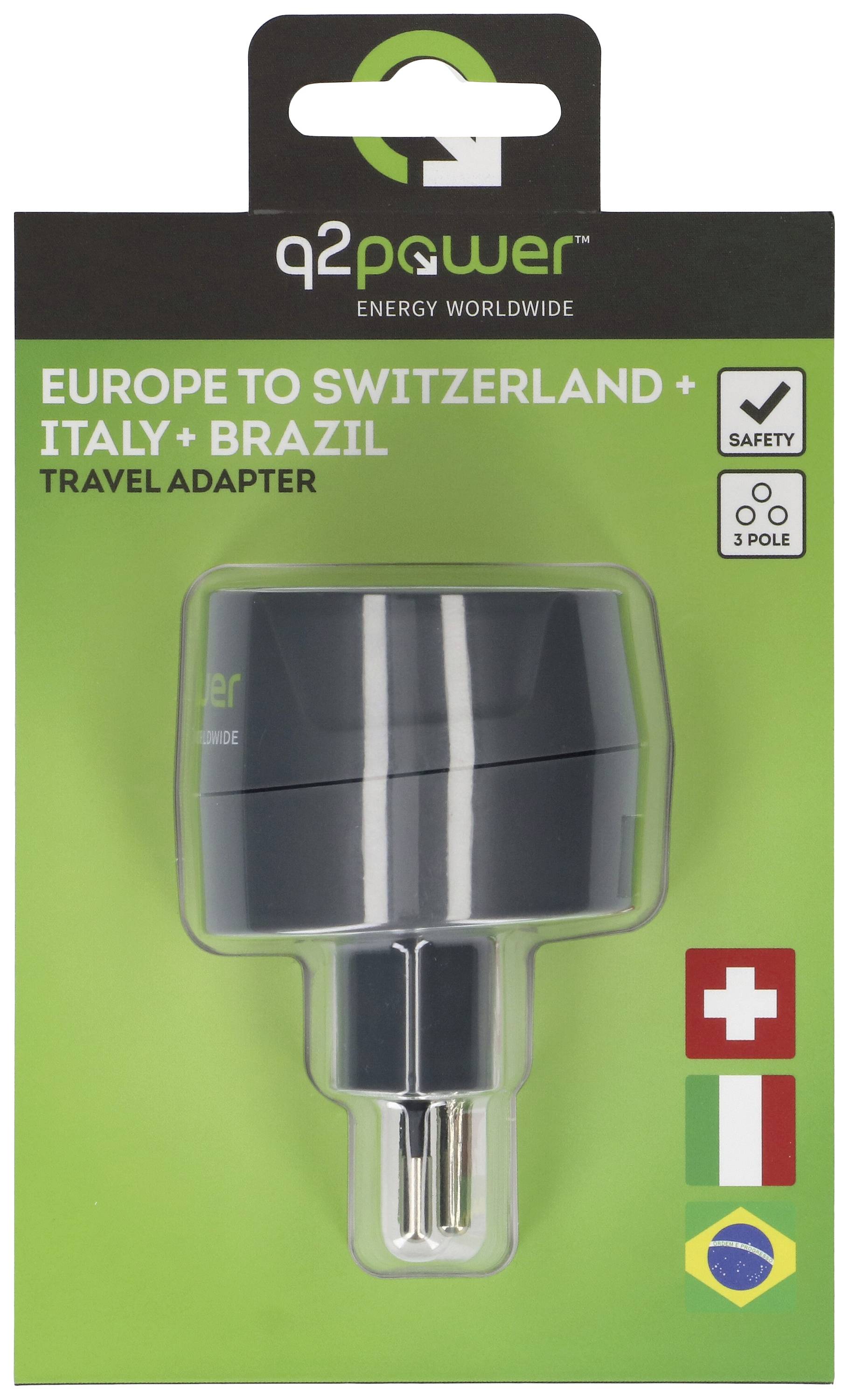 Cestovní adaptér 'Europe to Switzerland + Italy + Brazil' od q2Power, třípólový, s bezpečnostním označením, v balení.