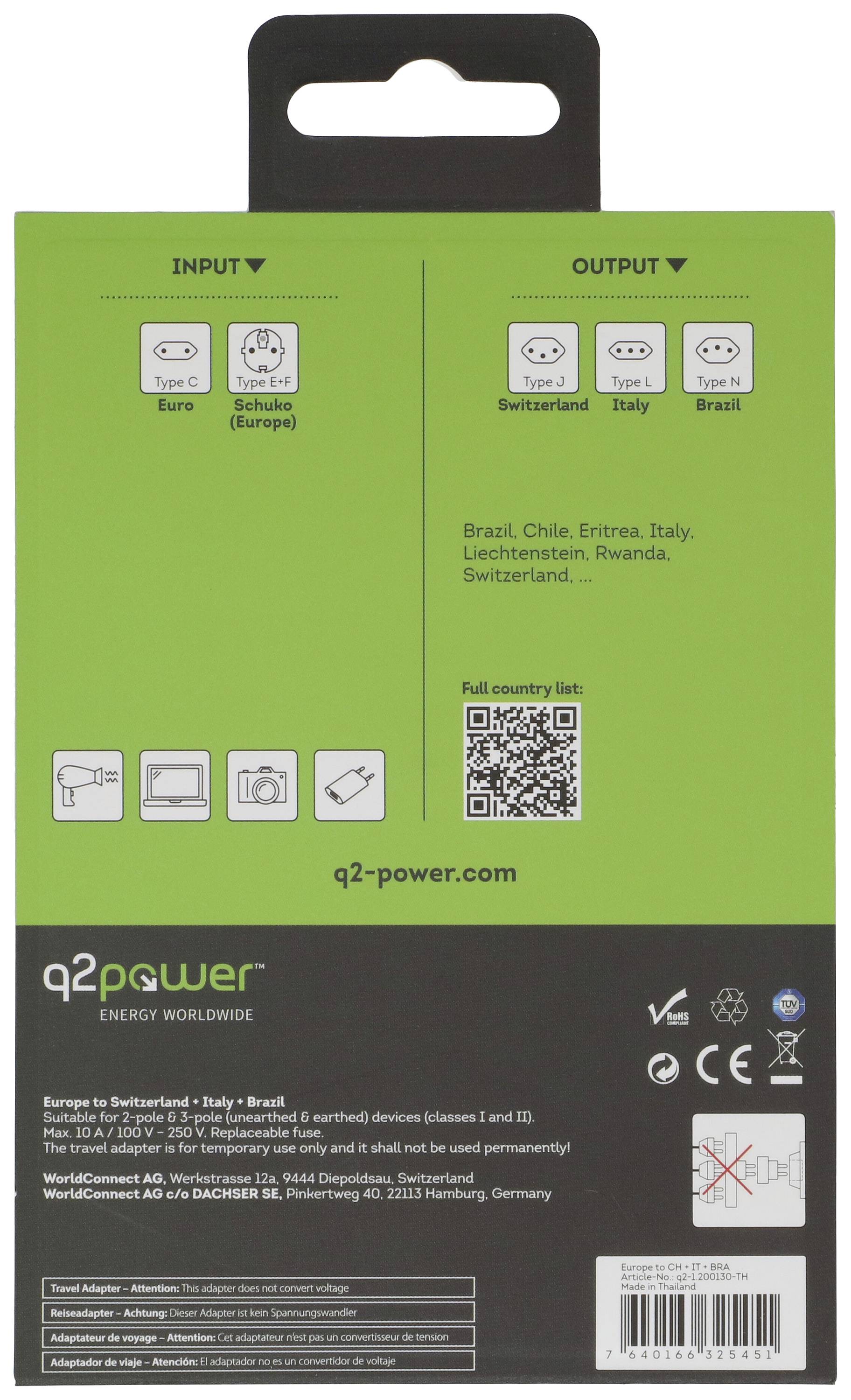 Zadní strana obalu cestovního adaptéru s různými typy zástrček pro Evropu, Švýcarsko a další země. Obsahuje QR kód.