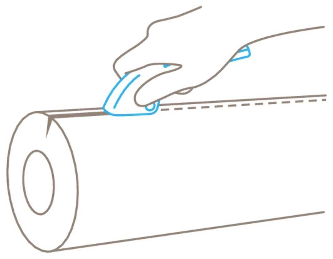 Diagram zobrazuje ruku, která pomocí řezacího nástroje provádí přímý řez podél vyznačené čáry na válci.