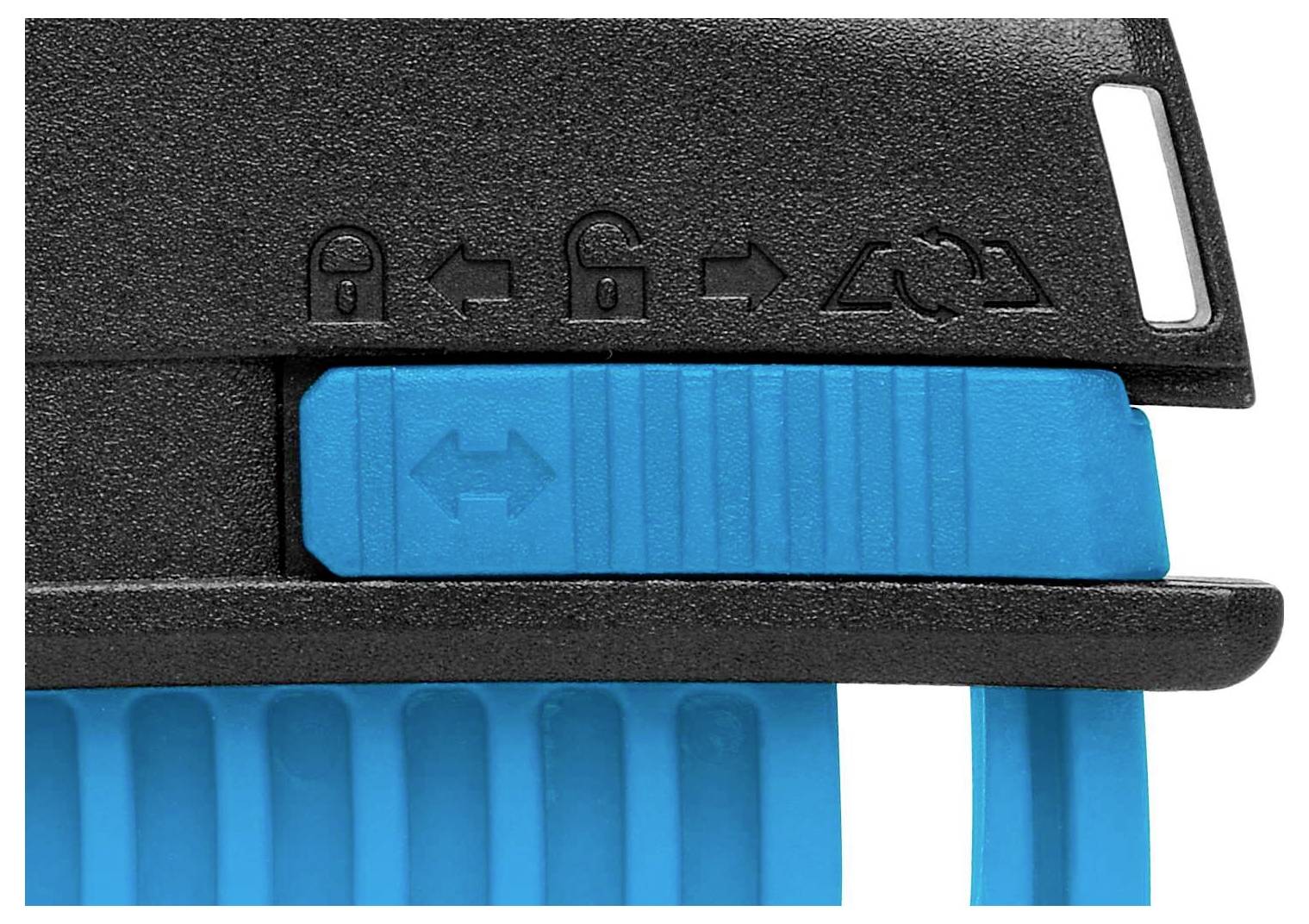 Detailní pohled na černou a modrou bezpečnostní mřížku s symboly zámku, odemčení a šipkami znázorňujícími posuvný mechanismus.
