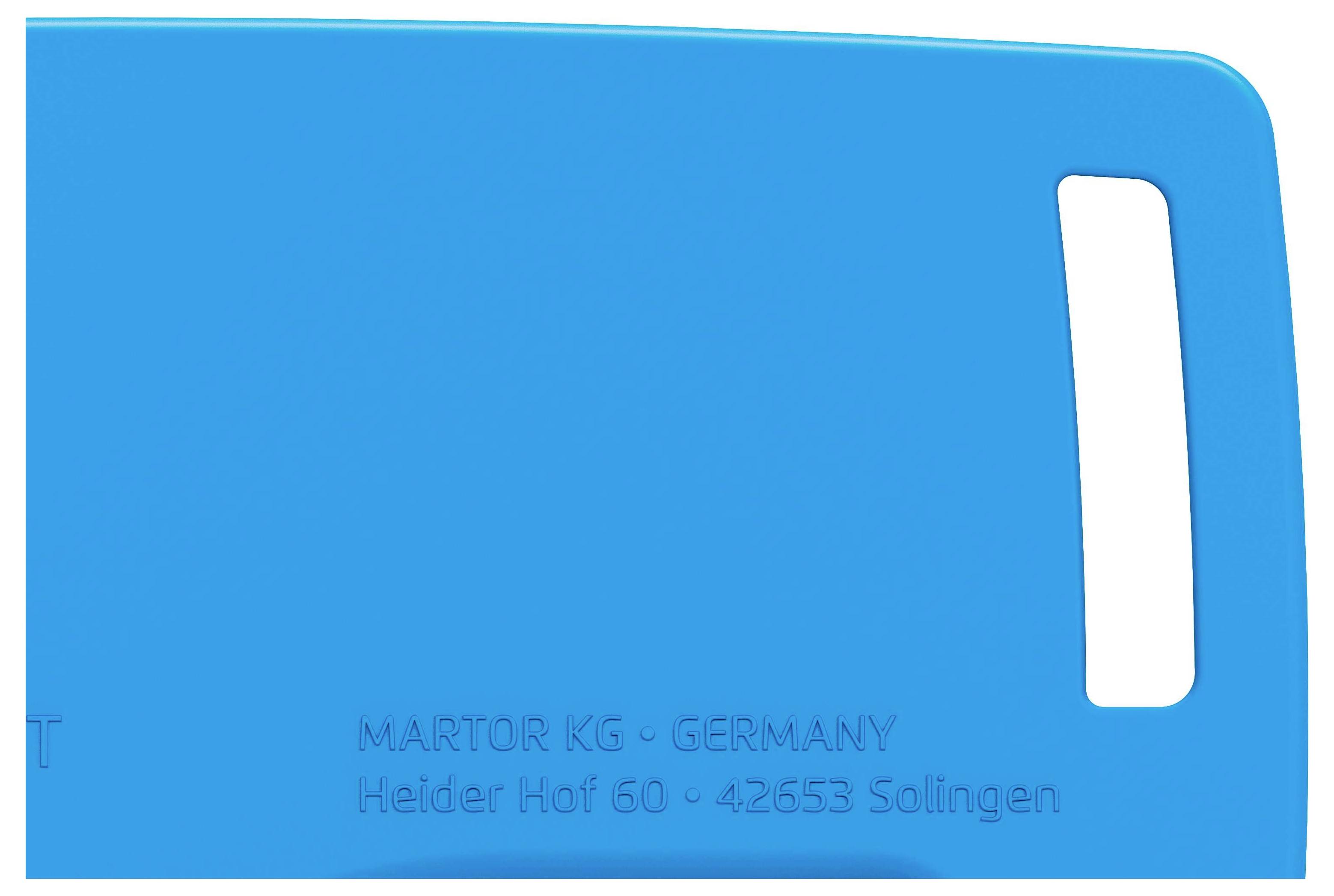 Modrý objekt s obdélníkovým otvorem. Nápis 'MARTOR KG - GERMANY' a adresa 'Heider Hof 60 · 42653 Solingen'.
