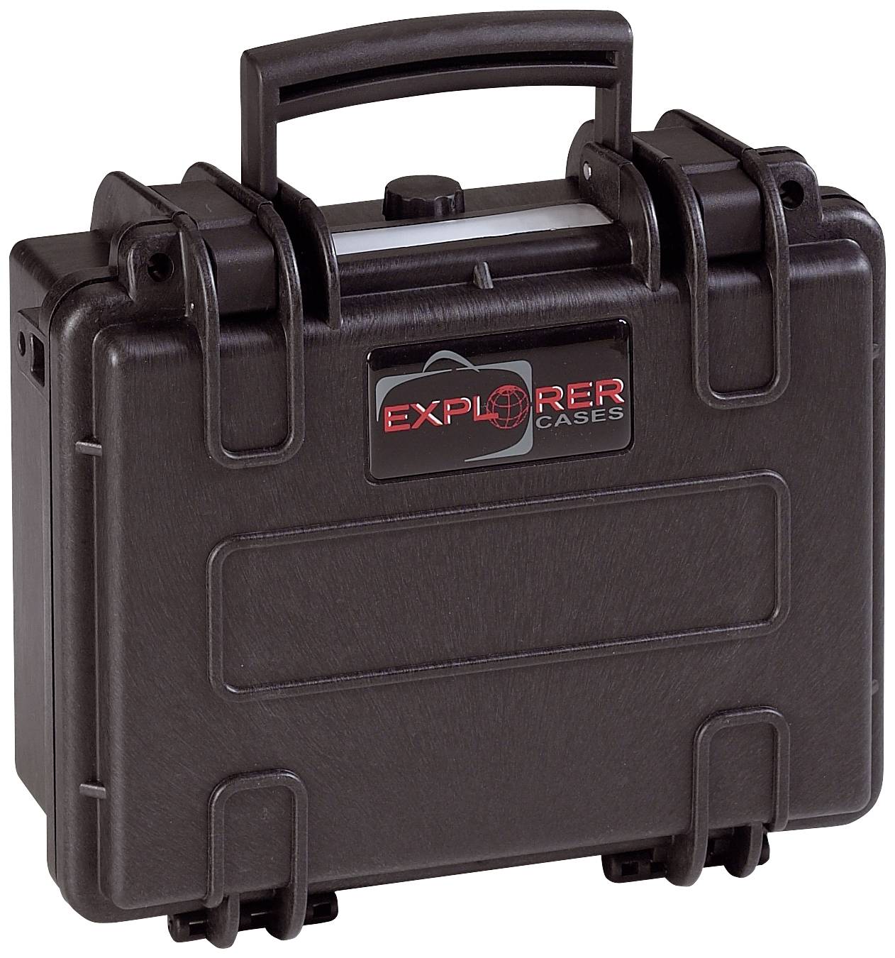 Černý, robustní kufr s madlem, zaoblenými rohy a logem 'Explorer Cases' na přední straně.