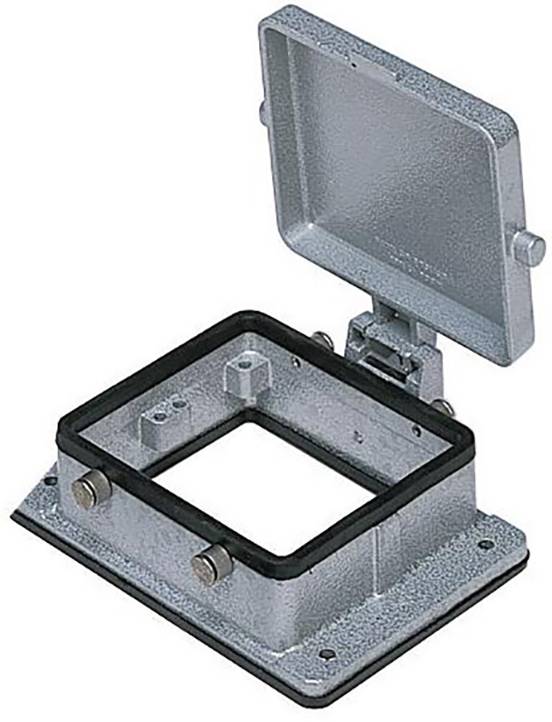 Kovový úhlový box s víkem, které lze otevřít, určený k upevnění a ochraně elektronických komponent, bez viditelných zařízení.