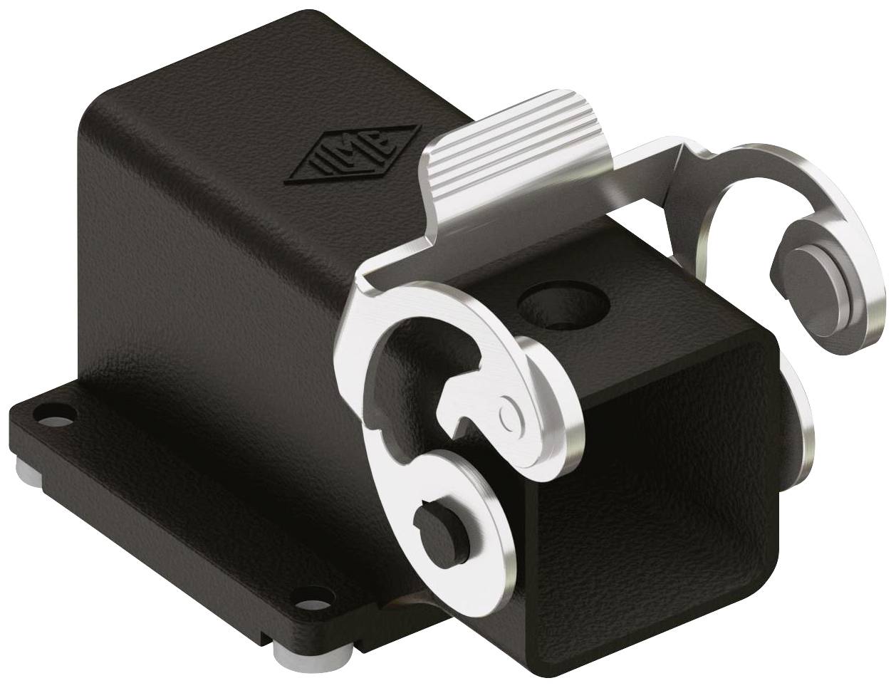 Černý, obdélníkový držák se zaoblenými rohy a stříbrnou kovovou sponou nahoře, volně stojící na bílém pozadí.