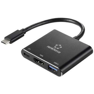 Černý USB-C adaptér s HDMI, USB 3.0 a USB-C porty. Nese značku Renkforce a má krátký kabel.