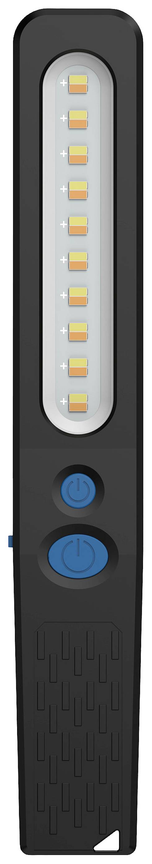 Černá LED svítilna s deseti svítícími LED diodami a dvěma modrými tlačítky, včetně spínače zapnutí/vypnutí.