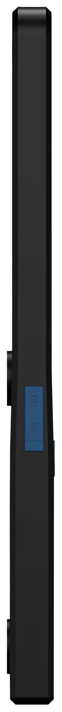 Černé, obdélníkové elektronické zařízení v profilu; vykazuje minimalistický design s modrým prvkem uprostřed.