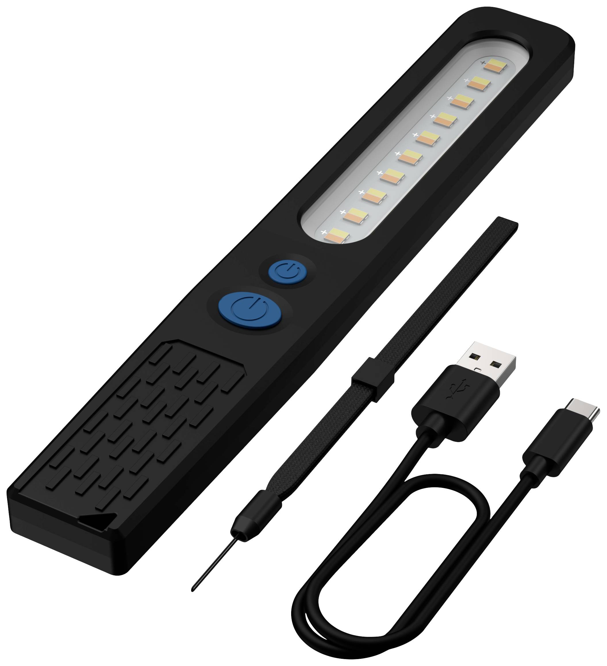 Černá LED svítilna s modrým napájecím tlačítkem, doprovázená USB nabíjecím kabelem a černým magnetickým proužkem.