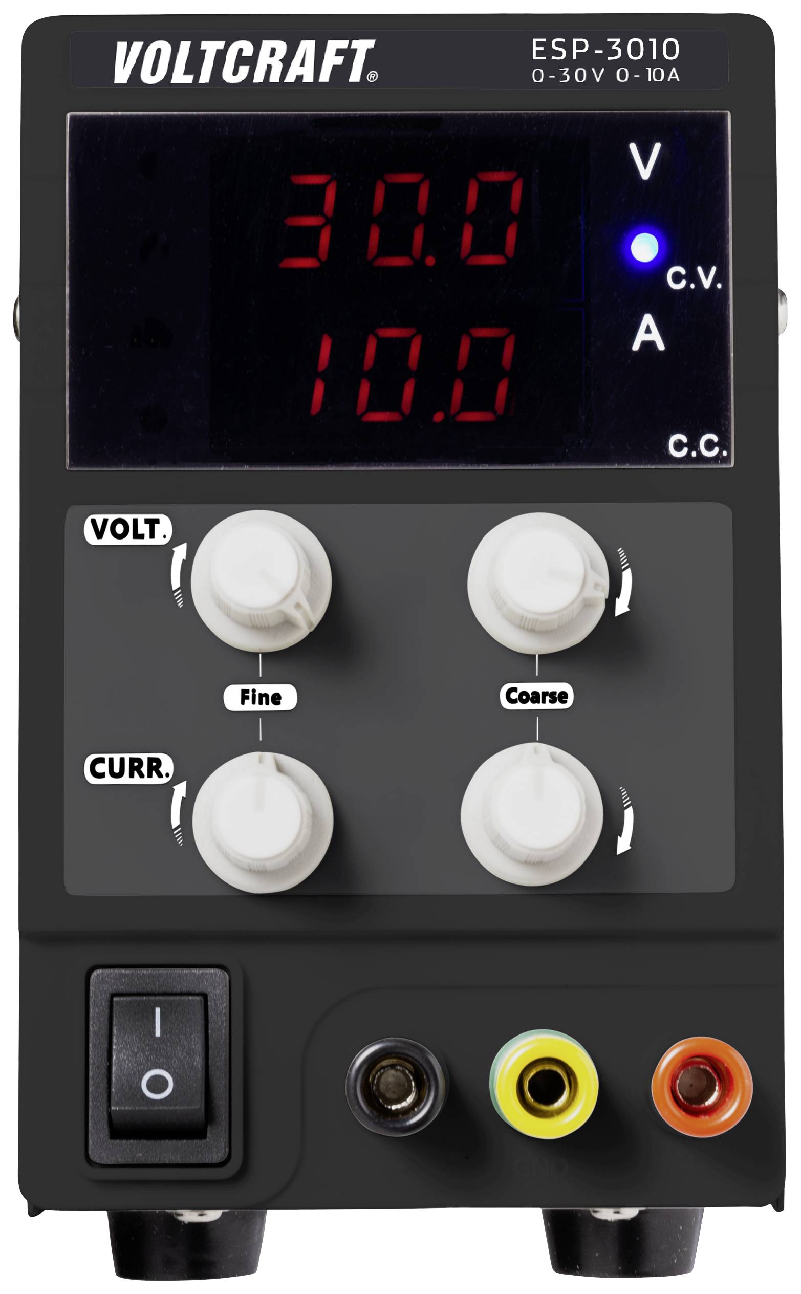 Laboratorní napájecí zdroj s digitálními displeji pro napětí a proud. Čtyři otočné ovladače pro jemné a hrubé nastavení. Model: ESP-3010.
