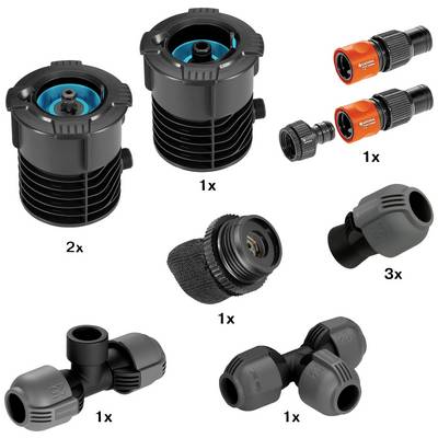 Pět černých a červených zahradních zavlažovacích přípojek v různých tvarech a velikostech, včetně filtrů a spojek.