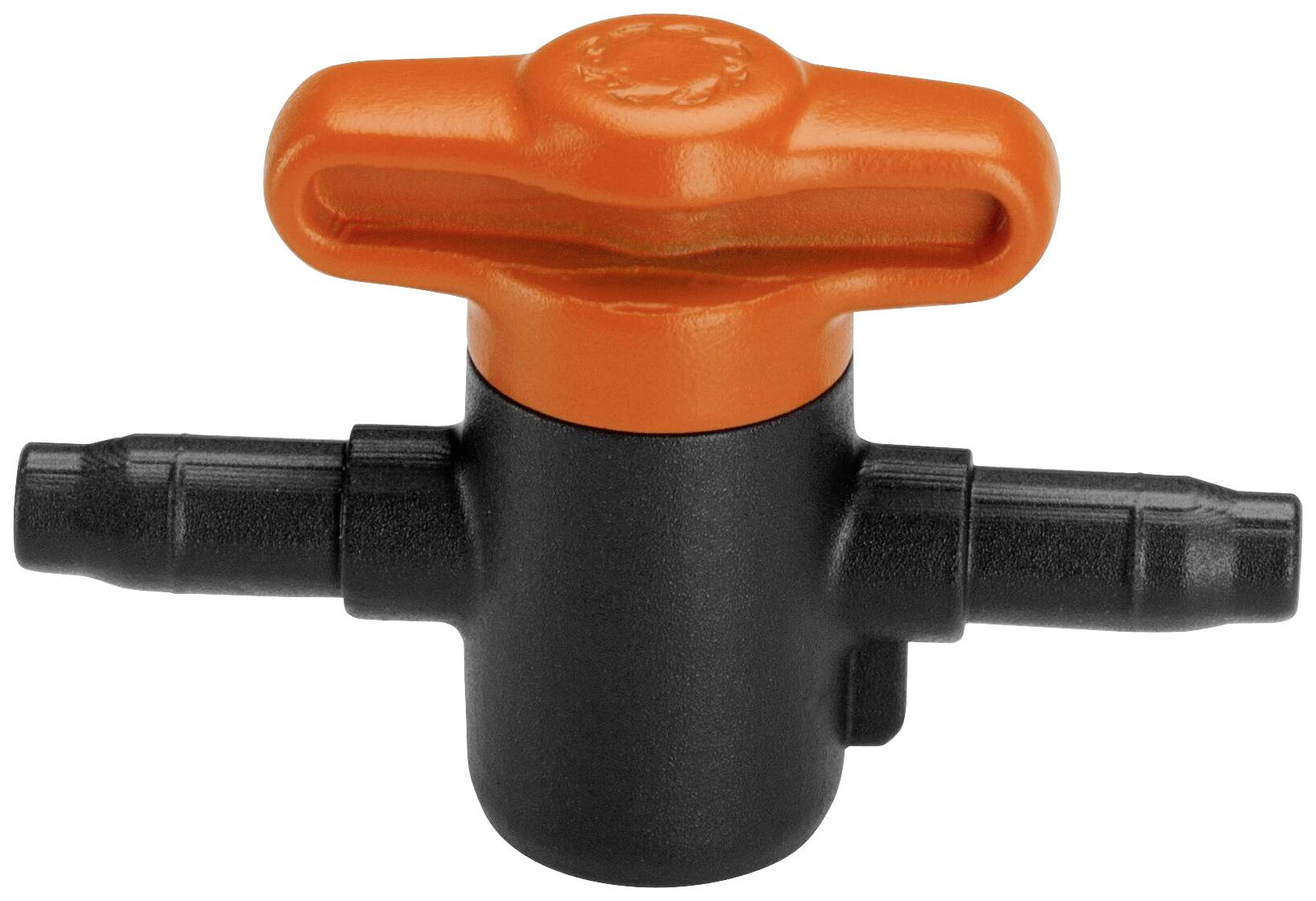 Černý plastový kohoutek s oranžovou rukojetí pro vodovodní potrubí, který ukazuje funkci otevírání a zavírání vodního toku.