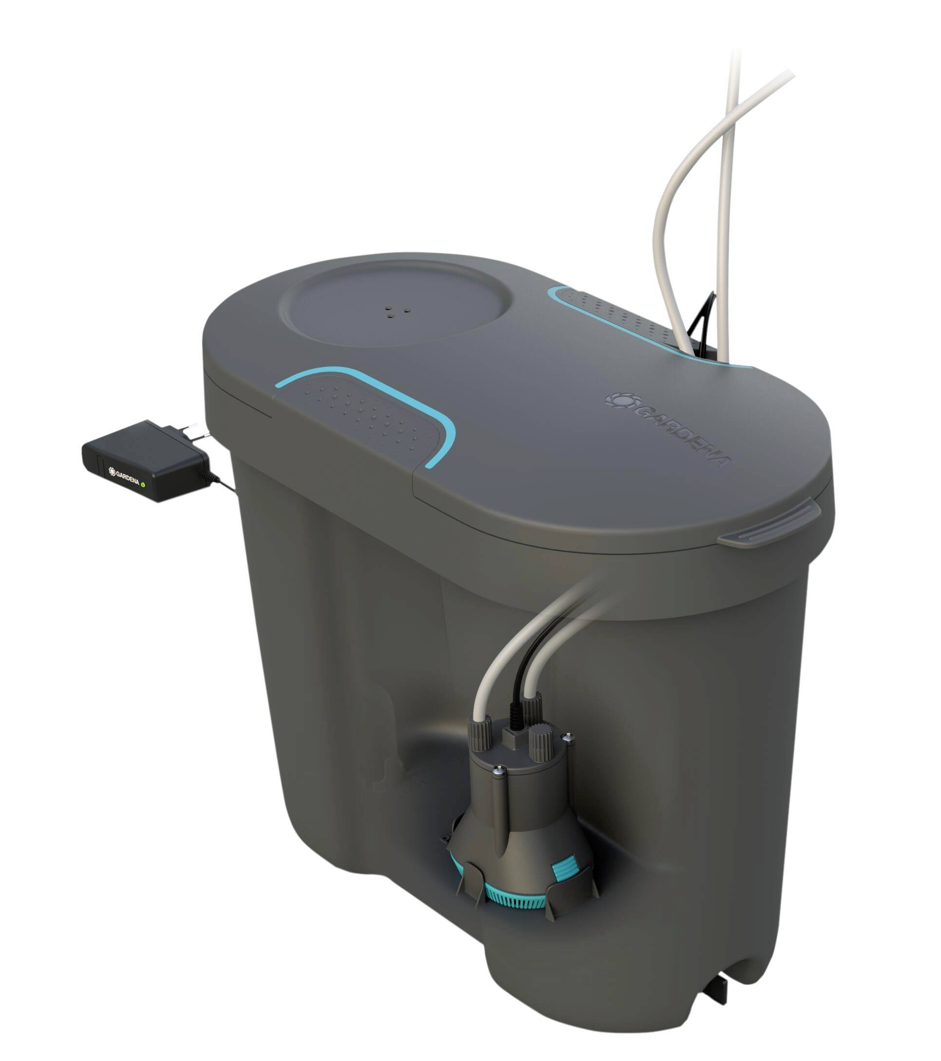Šedý plastový kontejner s kabely a pumpou, pravděpodobně vhodný pro vodárenskou technologii nebo domácí instalace.