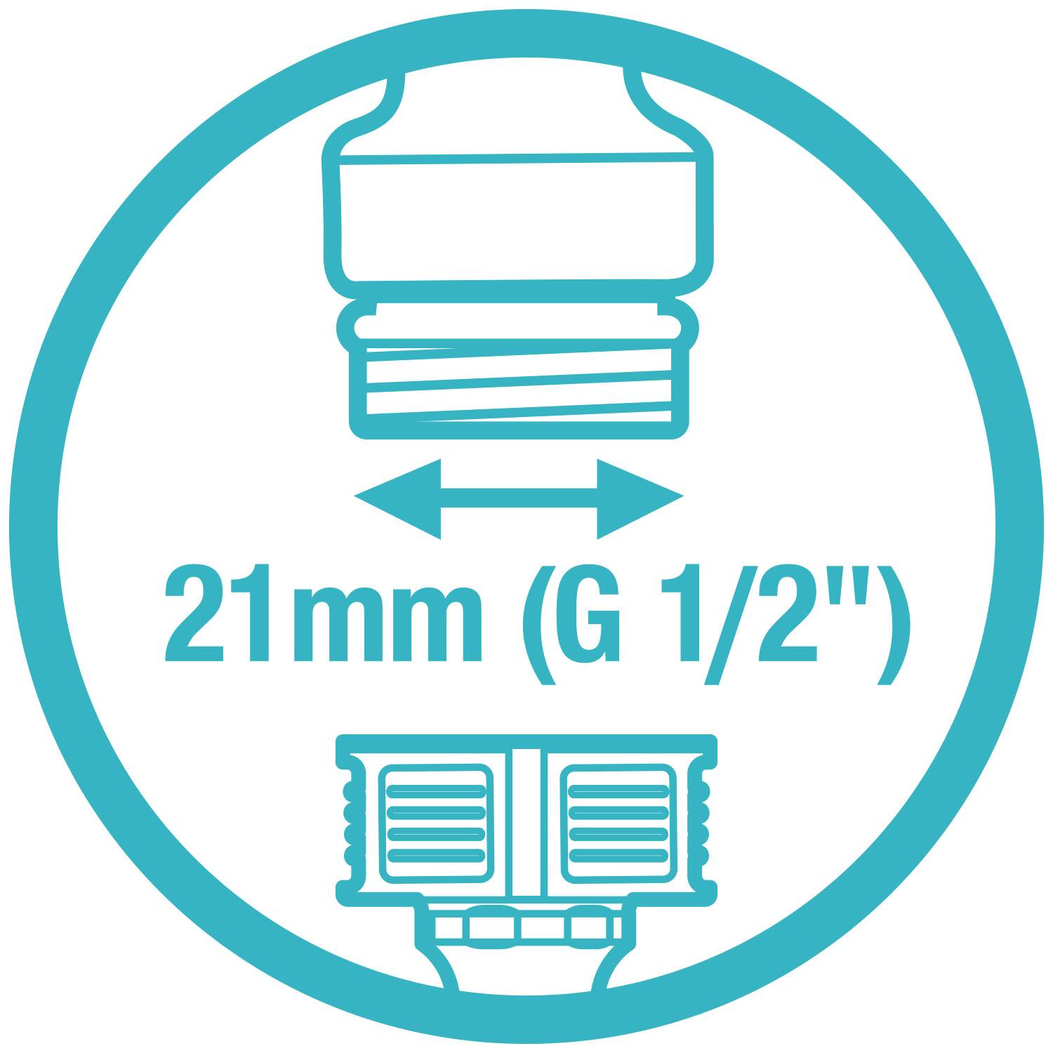 Symbol se vstupem pro vodovodní přípojku. Text: '21mm (G 1/2")'. Šipka ukazuje možnost připojení s průměrem 21 mm.