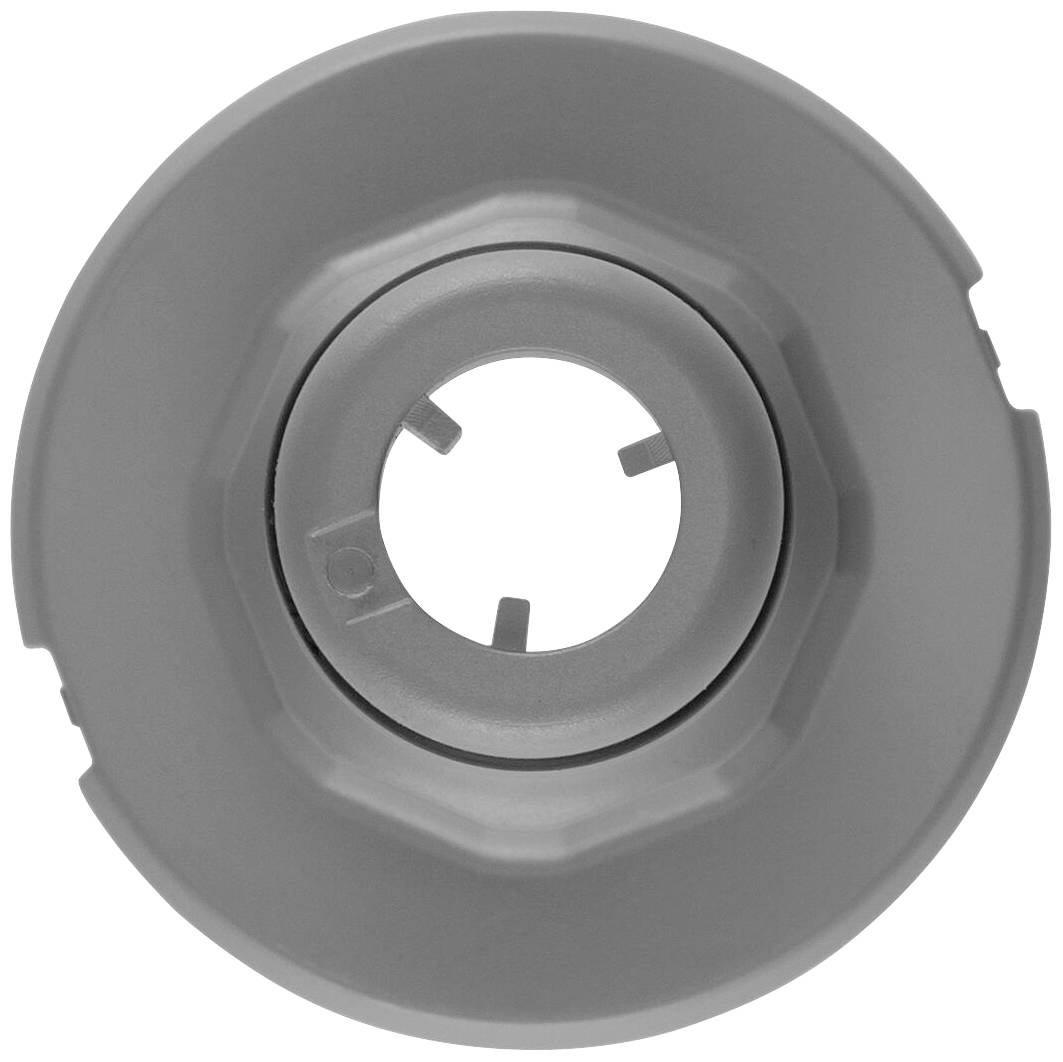 Šedý plastový díl s kulatým otvorem uprostřed, obklopený prohlubněmi. Zjevně se jedná o technickou součástku.