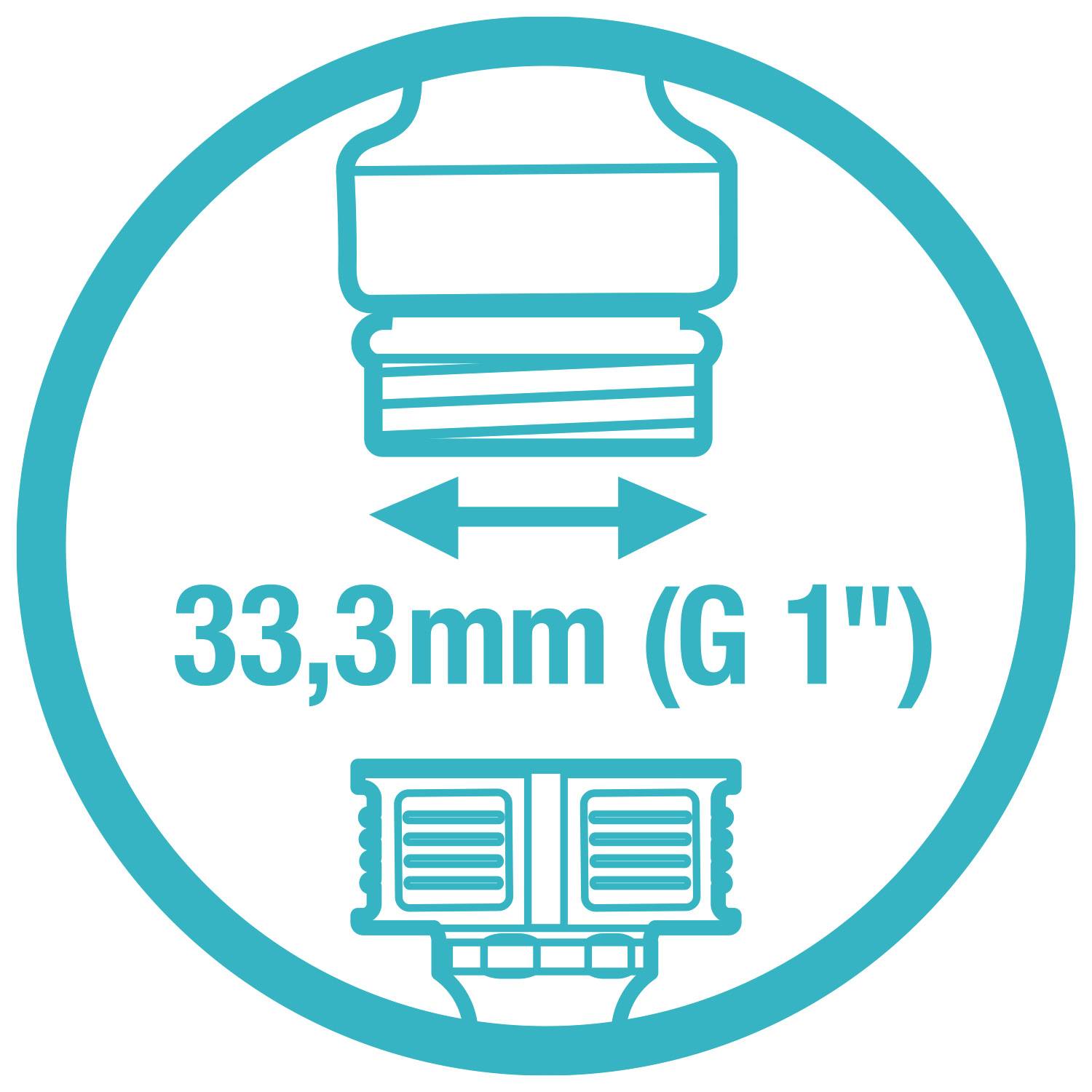 Kruhový symbol znázorňuje vodovodní přípojku s šířkou '33,3 mm (G 1")', šipky vysvětlují směr měření.