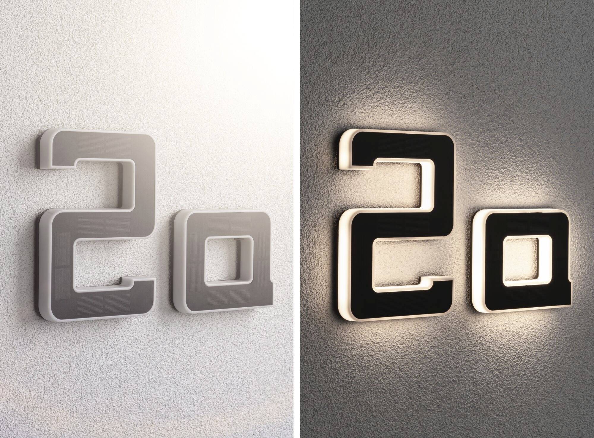 Dvě stylizované, osvětlené 3D číslice '20' na zdi, každá zobrazená v různých světlejších a tmavších barevných tónech.