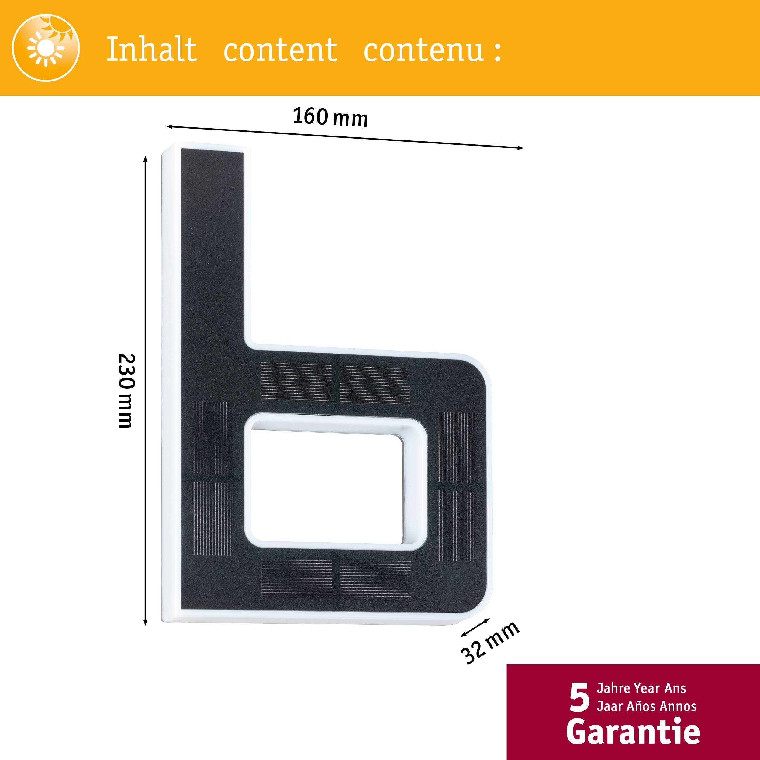 Šablona ve tvaru 'b', 230x160x32mm, s 5letou zárukou. Nahoře vícejazyčný textový prostor: 'Obsah content contenu'.