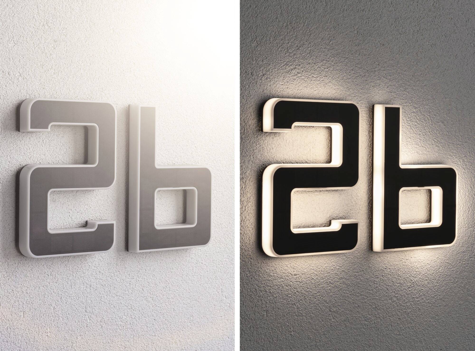 Číslo '2b' namontované v moderním designu na zdi. Vlevo: reflexní stříbrná, vpravo: černá s podsvícením.