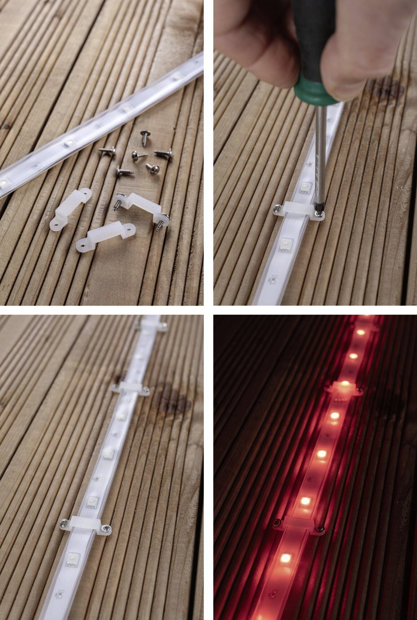 Instalace LED pásku na dřevěnou podlahu. Horní polovina obrázku ukazuje šrouby a držáky, spodní polovina svítící červené LED diody.