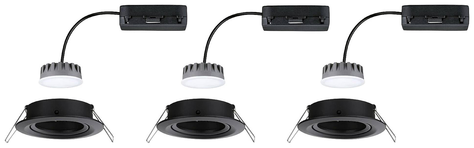 Tři kulaté LED downlighty v černé a stříbrné barvě, každý s externímDriverem, které lze namontovat na strop.