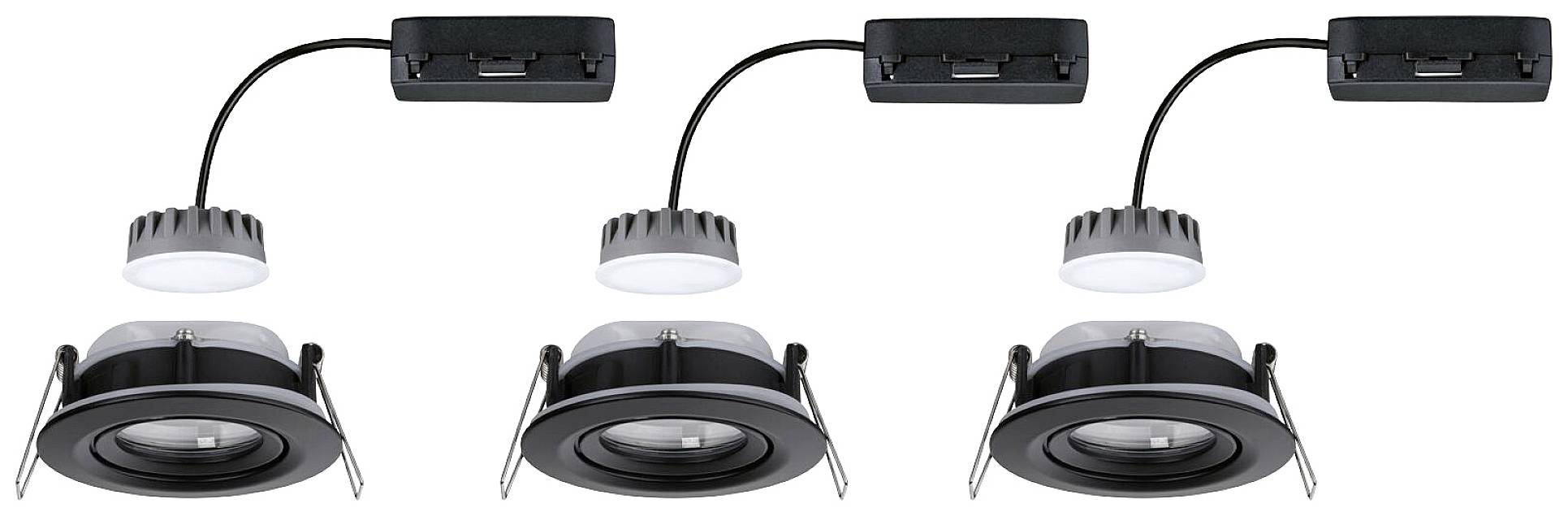 Tři černé LED podhledové bodové svítidlo v jedné linii. Každý reflektor má kulatý matný difuzor a napájecí zdroj.