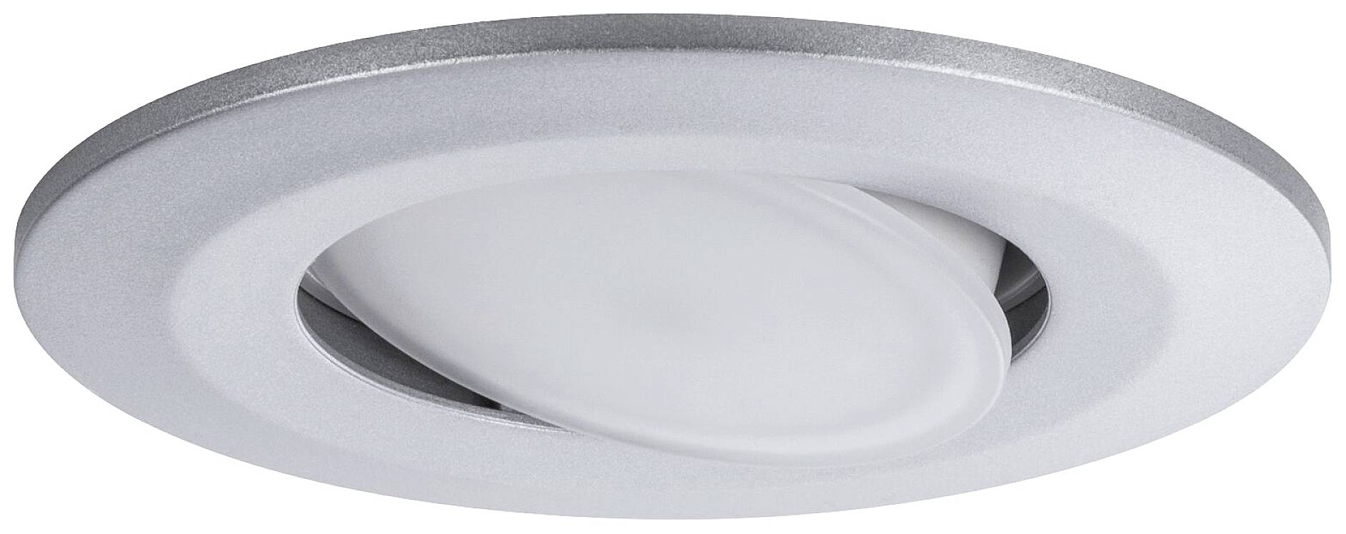 Kulatá stříbrná stropní lampa s jednoduchým designem, určená pro osvětlení.