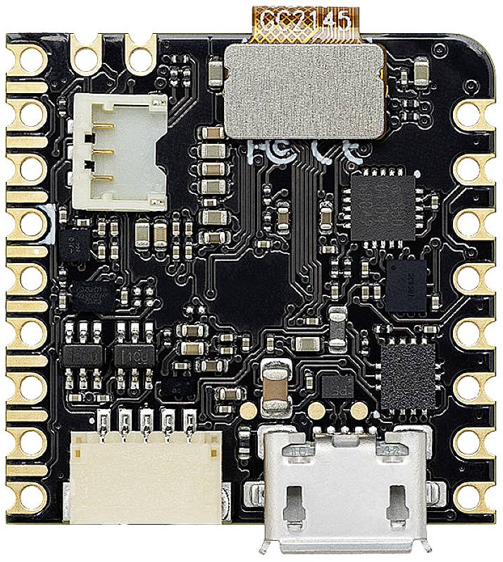 Mikroprocesorová deska s rozmanitými elektronickými komponenty a mikro-USB konektorem, často používaná v DIY elektronických projektech.