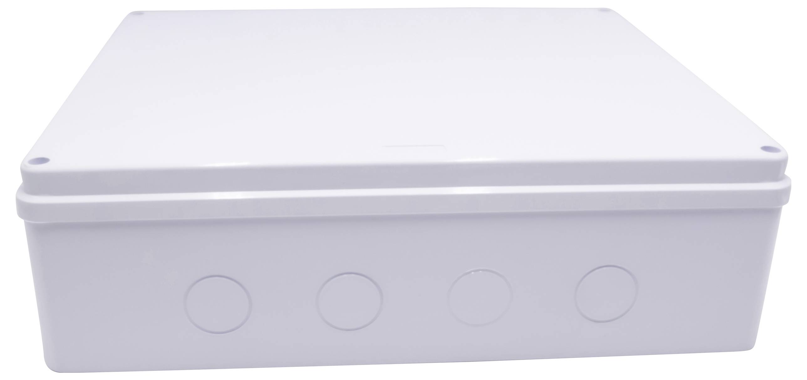 Bílá, obdélníková plastová krabice s odnímatelným víkem, vhodná pro elektrické instalace.