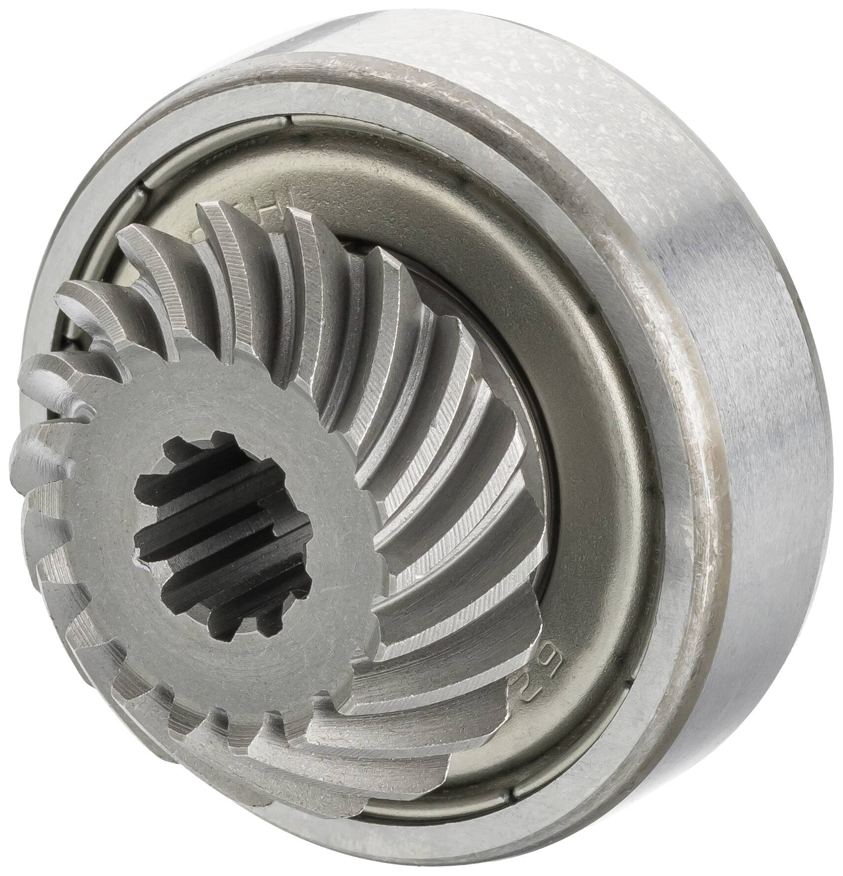 Ozubené kolo se šikmými zuby v detailním záběru. Zobrazuje mechanickou strukturu a přesnost ozubení pro technické aplikace.