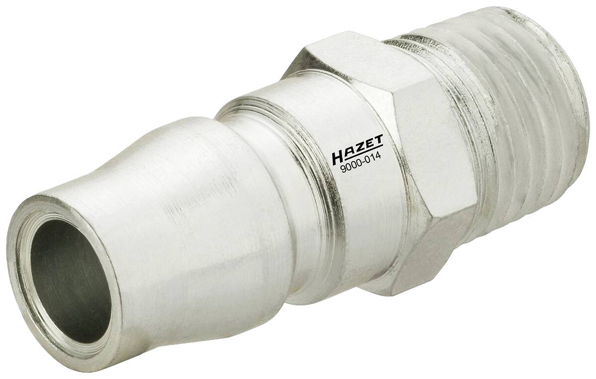 Kovový stříbrný pneumatický spojovací konektor. Má šestihranný spojovací prvek a je označen štítkem 'Hazet 9000-014'.