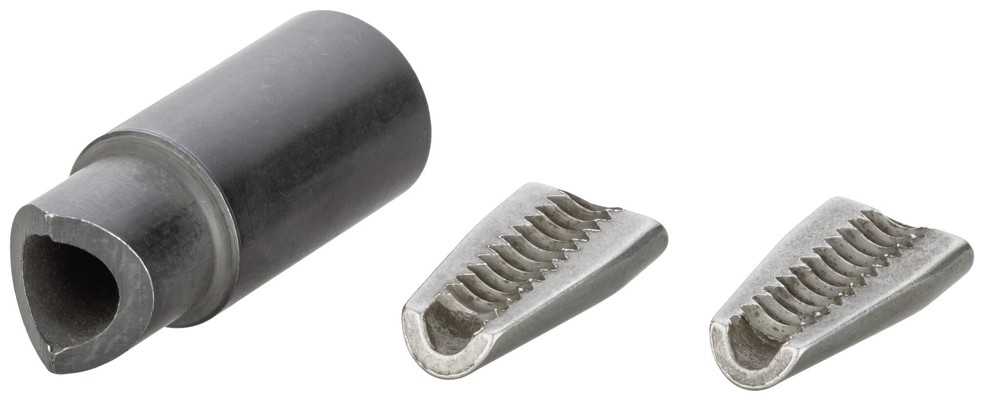 Kovový válec a dvě zubaté kovové části, pravděpodobně komponenty mechanického zařízení.