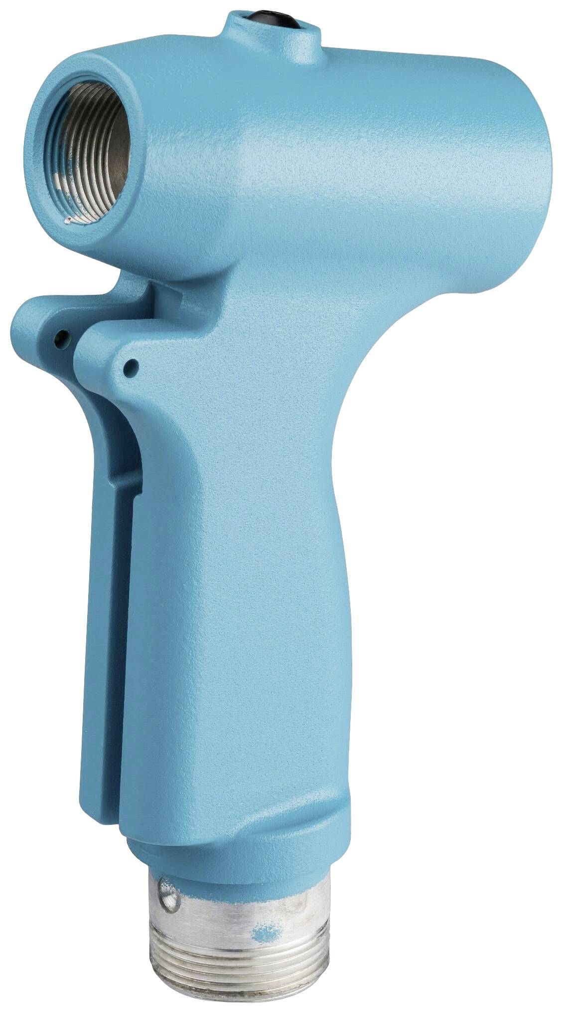 Modré kovové průtokové ventily vhodné pro průmyslové aplikace vykazují válcový design se závitem na obou koncích.